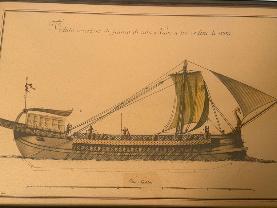 Just Added - Vintage Print Titled 'Exterior View And Flanks Of A Ship With Three Rows Of Oars' Depicting A Roman Trireme Under Sail 35 X 25 [Photo 2]