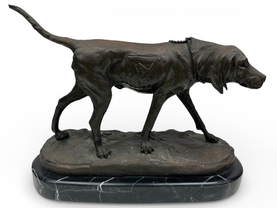 Just Added - Bronze Sculpture On Marble Base Of A Hunting Dog Signed A. Cain - J. B. Deposee Paris Foundry Stamp 12'W X 5'D X 9.5'H