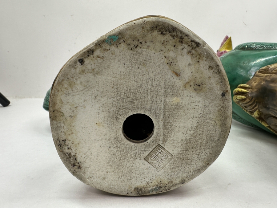 Just Added - Pair Of Signed Vintage Chinese Export Style Green Glazed Ceramic Rooster Figurines 12'H [Photo 3]