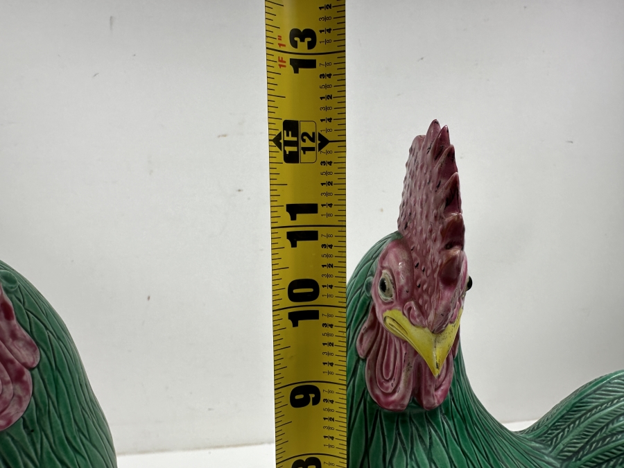 Just Added - Pair Of Signed Vintage Chinese Export Style Green Glazed Ceramic Rooster Figurines 12'H [Photo 5]