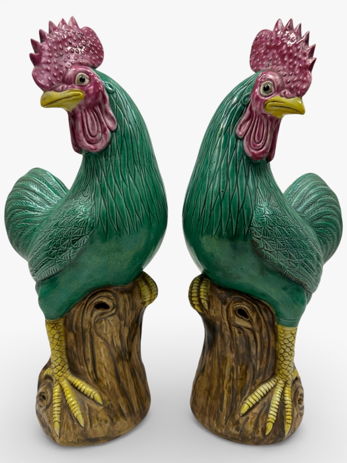 Just Added - Pair Of Signed Vintage Chinese Export Style Green Glazed Ceramic Rooster Figurines 12'H