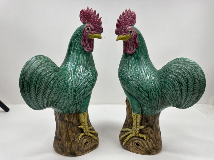 Just Added - Pair Of Signed Vintage Chinese Export Style Green Glazed Ceramic Rooster Figurines 12'H [Photo 2]