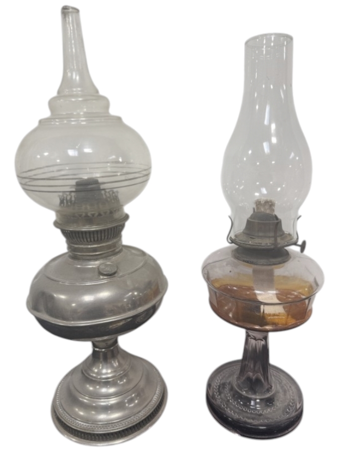 Just Added - (2) Antique Kerosene Lamps Including A Rayo Center Draft Lamp By Bradley And Hubbard
