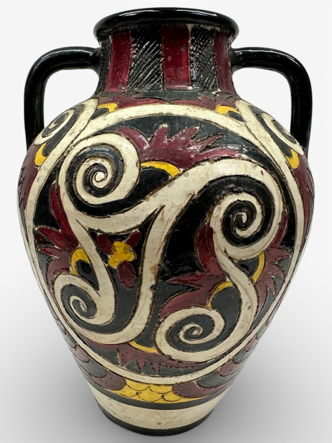 Just Added - Vintage Italian Hand Painted Ceramic Pottery Vase With Hole Drilled Into The Bottom For Use As A Lamp 12'H