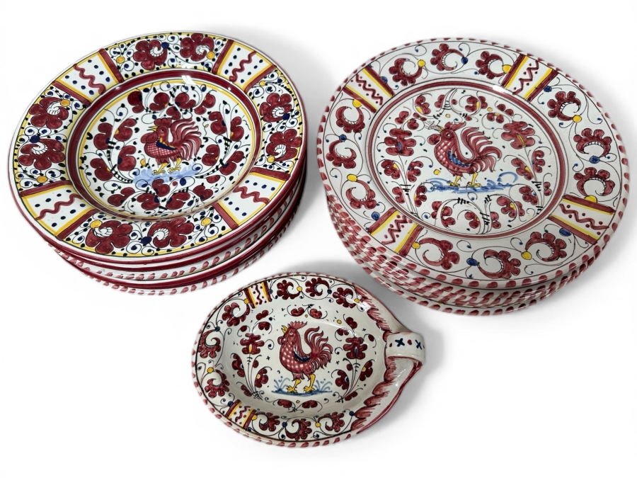 Just Added - Italian Deruta, Italy Hand Painted Ceramic (6) 10' Plates, (6) 9.5' Bowls And (1) Handled Dish