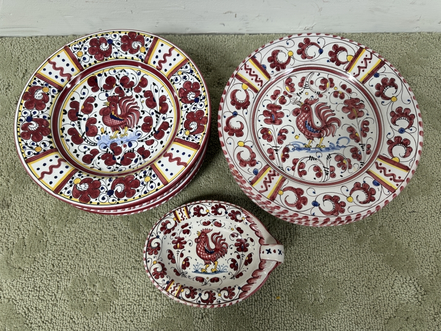 Just Added - Italian Deruta, Italy Hand Painted Ceramic (6) 10' Plates, (6) 9.5' Bowls And (1) Handled Dish [Photo 2]