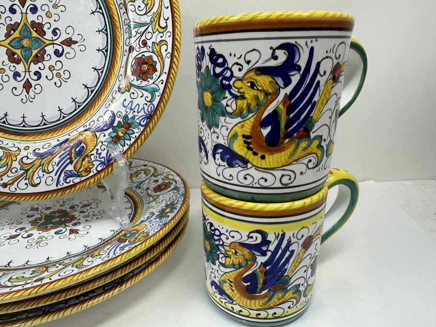 Just Added - Italian Deruta, Italy Hand Painted (4) Coffee Cups And (4) 10' Plates [Photo 4]