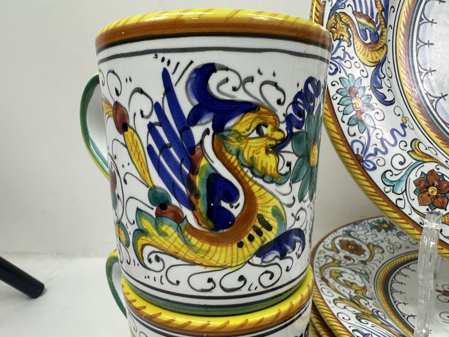 Just Added - Italian Deruta, Italy Hand Painted (4) Coffee Cups And (4) 10' Plates [Photo 2]