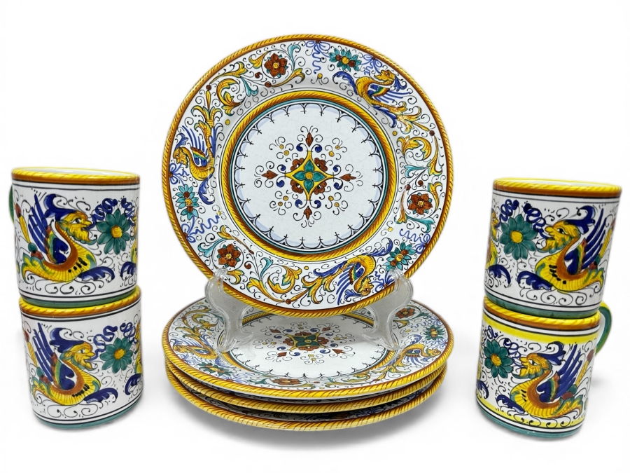 Just Added - Italian Deruta, Italy Hand Painted (4) Coffee Cups And (4) 10' Plates