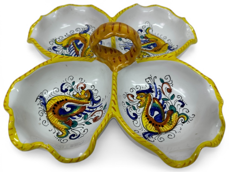 Just Added - Italian Deruta, Italy Hand Painted Divided Dish With Handle 10.25'W