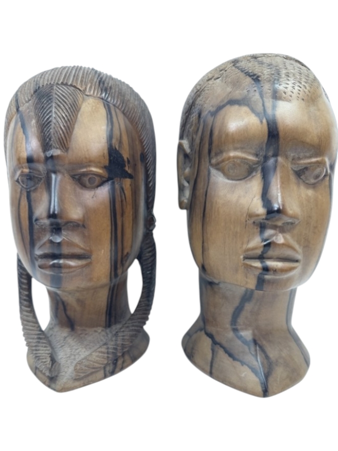 Just Added - Vintage African Hand-Carved Wood Bust Sculptures 10'H
