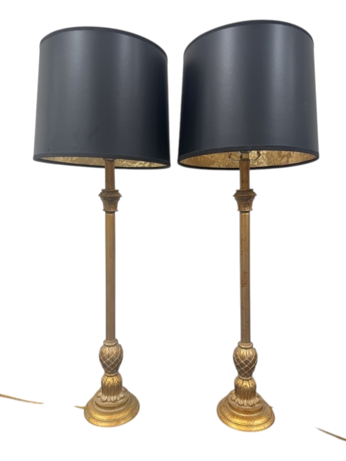 Just Added - Pair of Table Lamps with Gold Bases and Black Shades 30.5'H