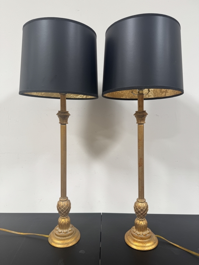 Just Added - Pair of Table Lamps with Gold Bases and Black Shades 30.5'H [Photo 2]