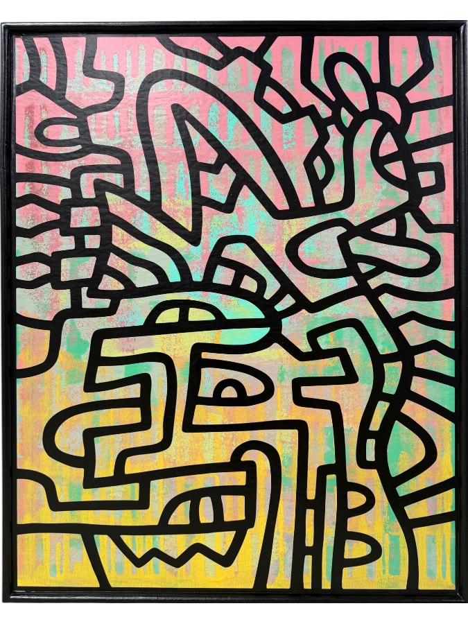 Santos Orellana (B. 1974, American) Original Acrylic Painting On Plywood Signed Verso 'The Art Of Santos' Urban Pop Artwork 24' X 30' With Substantial Hand Painted Wooden Frame SO-JUL2020-062 Estimate $1,000-$1,400