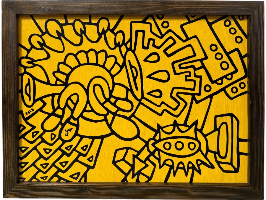 Santos Orellana (B. 1974, American) Original Acrylic Painting On Plywood Signed Bottom Left 'The Art Of Santos' Urban Pop Artwork 26' X 20' With Substantial Hand Painted Wooden Frame 2013 Estimate $800-$1,000