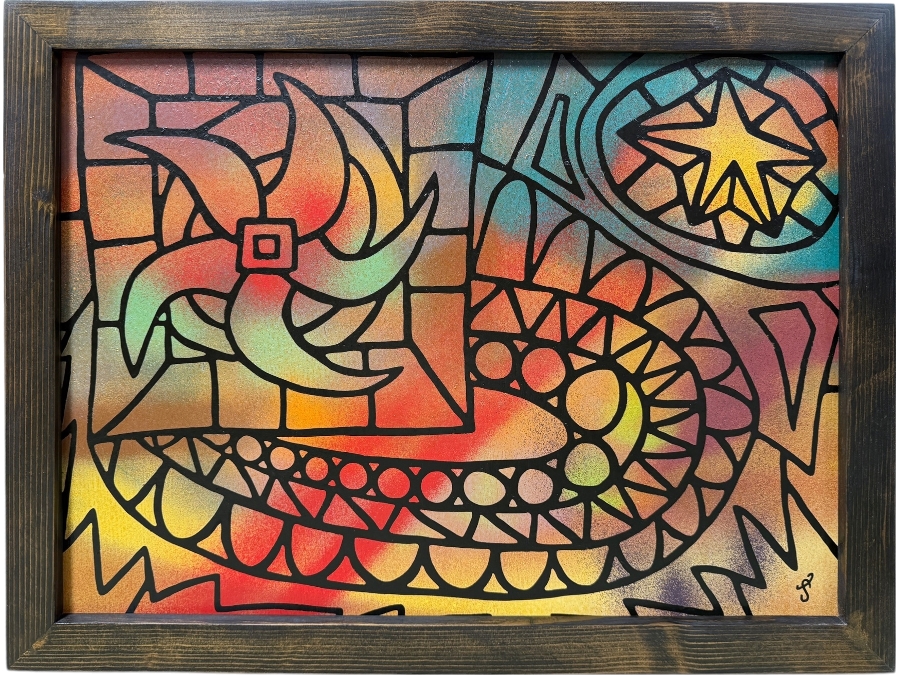 Santos Orellana (B. 1974, American) Original Acrylic Painting On Plywood Signed Bottom Right 'The Art Of Santos' Urban Pop Artwork 26' X 20' With Substantial Hand Painted Wooden Frame Estimate $800-$1,000