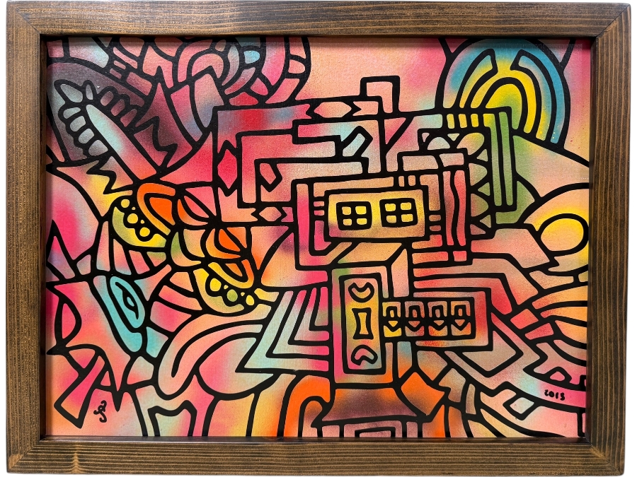 Santos Orellana (B. 1974, American) Original Acrylic Painting On Plywood Signed Bottom Left 'The Art Of Santos' Urban Pop Artwork 26' X 20' With Substantial Hand Painted Wooden Frame 2013 Estimate $800-$1,000