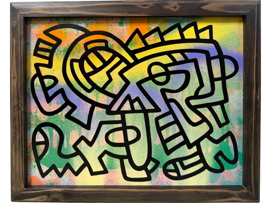 Santos Orellana (B. 1974, American) Original Acrylic Painting On Plywood Signed Verso 'The Art Of Santos' Urban Pop Artwork 22' X 18' With Substantial Hand Painted Wooden Frame SO-MAY2020-004 Estimate $600-$800