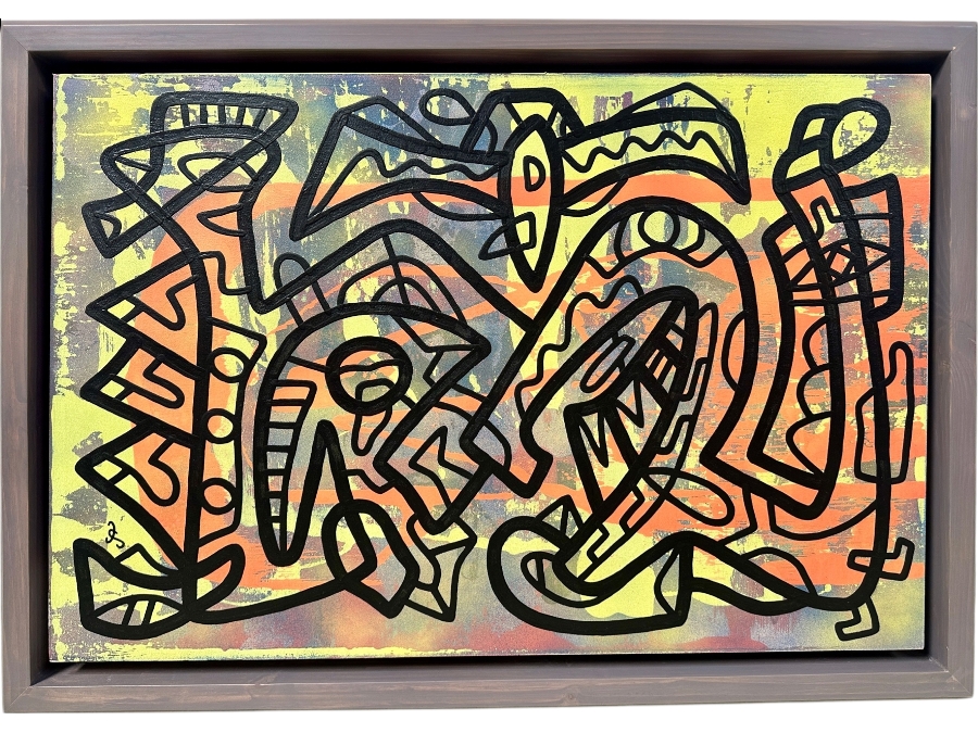 Santos Orellana (B. 1974, American) Original Acrylic Painting On Canvas Signed Bottom Left 'The Art Of Santos' Urban Pop Artwork 36' X 24' With Substantial Hand Painted Wooden Frame 40.5 X 28.5' Estimate $1,300-$1,700