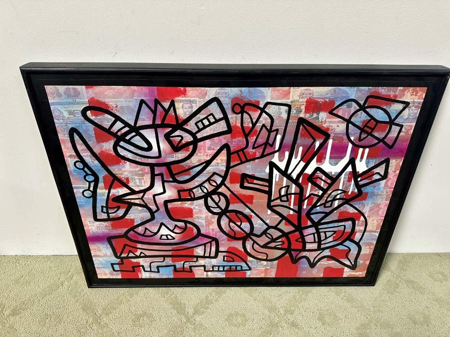 Santos Orellana (B. 1974, American) Original Acrylic and Mixed Media Painting On Wood With Real Currency 'The Art Of Santos' Urban Pop Artwork 40' X 30' With Substantial Hand Painted Wooden Frame Estimate $1,800-$2,400 [Photo 7]