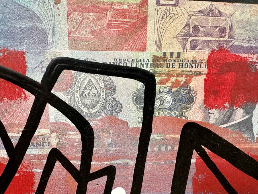 Santos Orellana (B. 1974, American) Original Acrylic and Mixed Media Painting On Wood With Real Currency 'The Art Of Santos' Urban Pop Artwork 40' X 30' With Substantial Hand Painted Wooden Frame Estimate $1,800-$2,400 [Photo 5]
