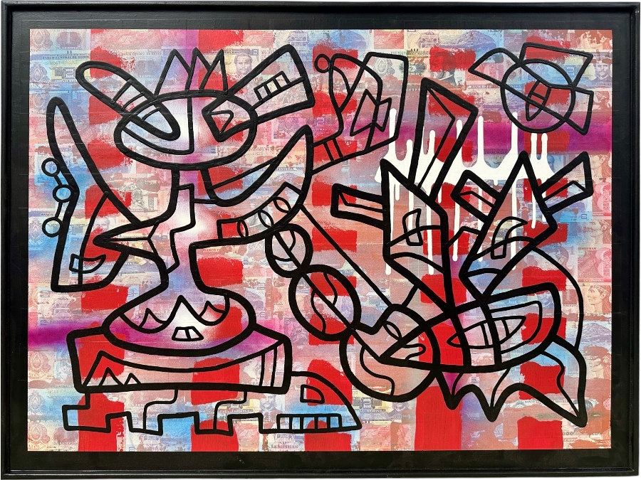 Santos Orellana (B. 1974, American) Original Acrylic and Mixed Media Painting On Wood With Real Currency 'The Art Of Santos' Urban Pop Artwork 40' X 30' With Substantial Hand Painted Wooden Frame Estimate $1,800-$2,400