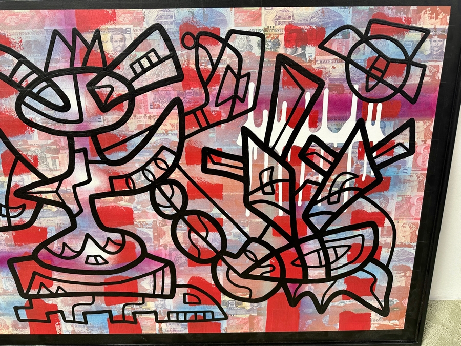 Santos Orellana (B. 1974, American) Original Acrylic and Mixed Media Painting On Wood With Real Currency 'The Art Of Santos' Urban Pop Artwork 40' X 30' With Substantial Hand Painted Wooden Frame Estimate $1,800-$2,400 [Photo 3]