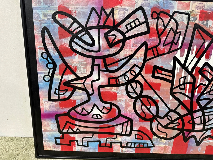 Santos Orellana (B. 1974, American) Original Acrylic and Mixed Media Painting On Wood With Real Currency 'The Art Of Santos' Urban Pop Artwork 40' X 30' With Substantial Hand Painted Wooden Frame Estimate $1,800-$2,400 [Photo 2]