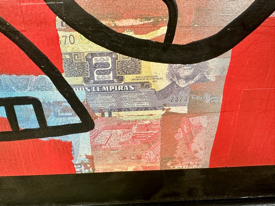 Santos Orellana (B. 1974, American) Original Acrylic and Mixed Media Painting On Wood With Real Currency 'The Art Of Santos' Urban Pop Artwork 40' X 30' With Substantial Hand Painted Wooden Frame Estimate $1,800-$2,400 [Photo 6]