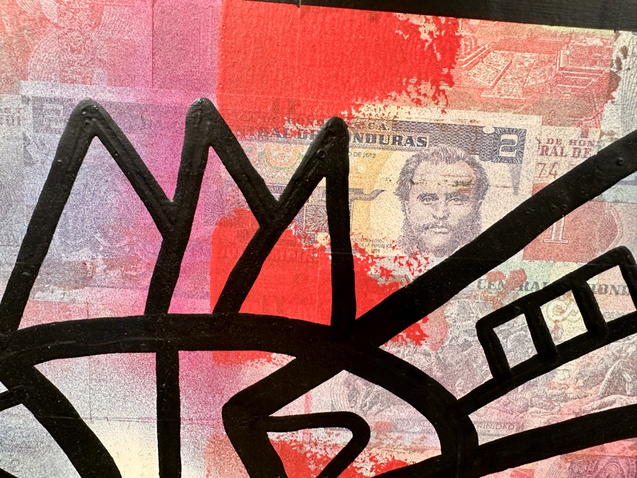 Santos Orellana (B. 1974, American) Original Acrylic and Mixed Media Painting On Wood With Real Currency 'The Art Of Santos' Urban Pop Artwork 40' X 30' With Substantial Hand Painted Wooden Frame Estimate $1,800-$2,400 [Photo 4]