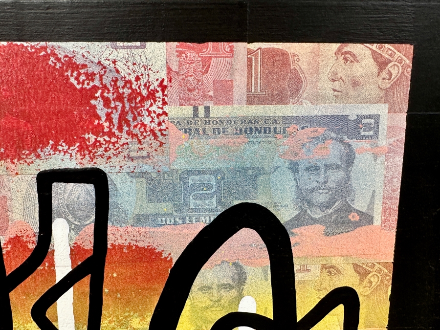 Santos Orellana (B. 1974, American) Original Acrylic and Mixed Media Painting On Wood With Real Currency 'The Art Of Santos' Urban Pop Artwork 30' X 24' With Substantial Hand Painted Wooden Frame Estimate $1,000-$1,400 [Photo 7]