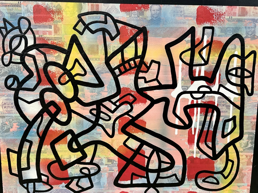 Santos Orellana (B. 1974, American) Original Acrylic and Mixed Media Painting On Wood With Real Currency 'The Art Of Santos' Urban Pop Artwork 30' X 24' With Substantial Hand Painted Wooden Frame Estimate $1,000-$1,400 [Photo 2]