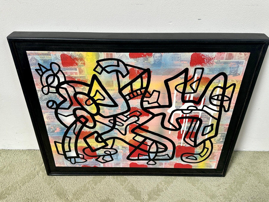 Santos Orellana (B. 1974, American) Original Acrylic and Mixed Media Painting On Wood With Real Currency 'The Art Of Santos' Urban Pop Artwork 30' X 24' With Substantial Hand Painted Wooden Frame Estimate $1,000-$1,400 [Photo 8]