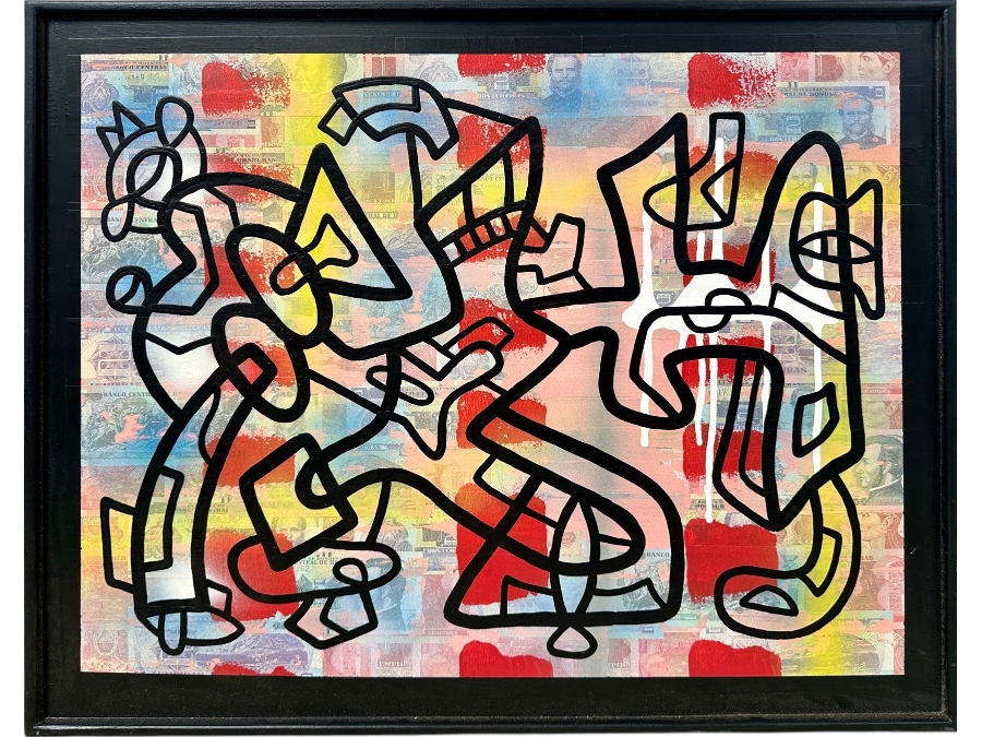 Santos Orellana (B. 1974, American) Original Acrylic and Mixed Media Painting On Wood With Real Currency 'The Art Of Santos' Urban Pop Artwork 30' X 24' With Substantial Hand Painted Wooden Frame Estimate $1,000-$1,400