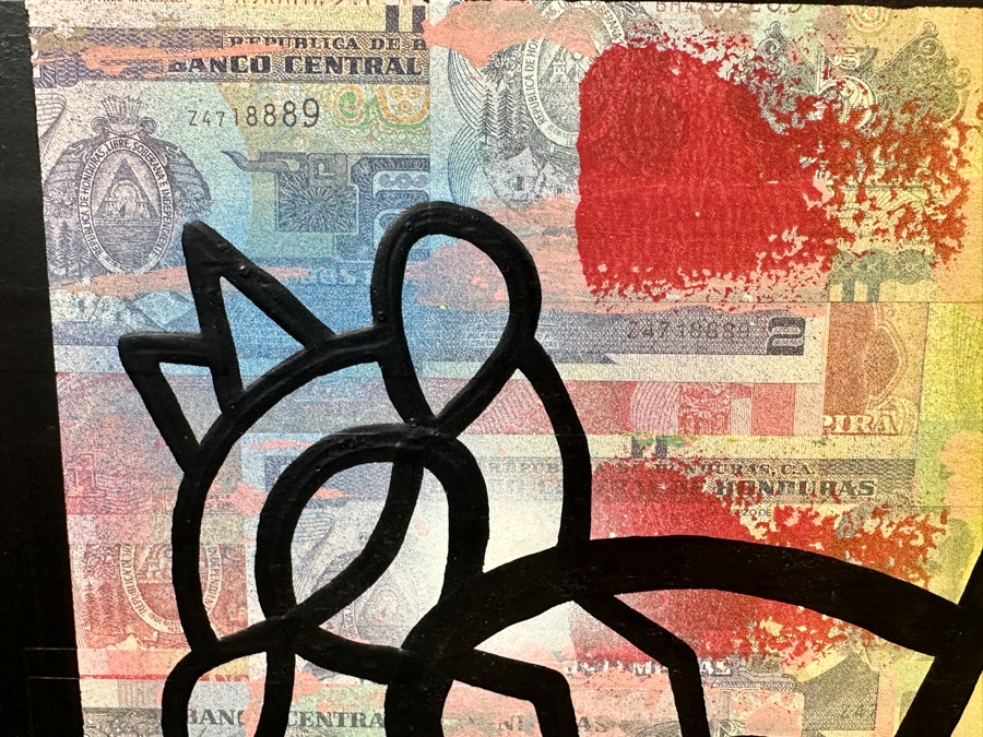 Santos Orellana (B. 1974, American) Original Acrylic and Mixed Media Painting On Wood With Real Currency 'The Art Of Santos' Urban Pop Artwork 30' X 24' With Substantial Hand Painted Wooden Frame Estimate $1,000-$1,400 [Photo 4]