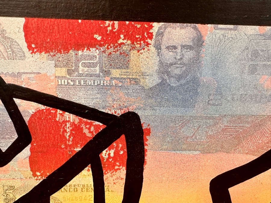 Santos Orellana (B. 1974, American) Original Acrylic and Mixed Media Painting On Wood With Real Currency 'The Art Of Santos' Urban Pop Artwork 30' X 24' With Substantial Hand Painted Wooden Frame Estimate $1,000-$1,400 [Photo 5]