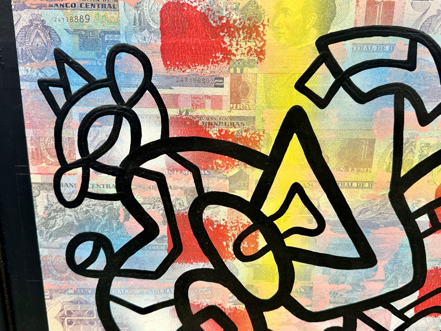 Santos Orellana (B. 1974, American) Original Acrylic and Mixed Media Painting On Wood With Real Currency 'The Art Of Santos' Urban Pop Artwork 30' X 24' With Substantial Hand Painted Wooden Frame Estimate $1,000-$1,400 [Photo 3]
