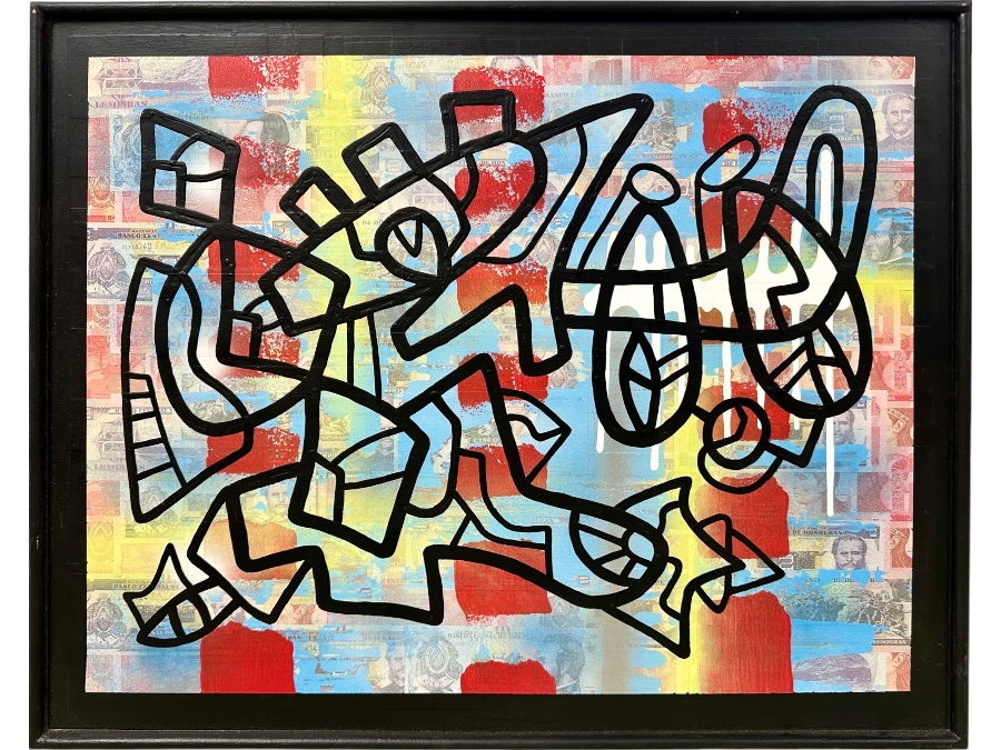 Santos Orellana (B. 1974, American) Original Acrylic and Mixed Media Painting On Wood With Real Currency 'The Art Of Santos' Urban Pop Artwork 30' X 24' With Substantial Hand Painted Wooden Frame Estimate $1,000-$1,400