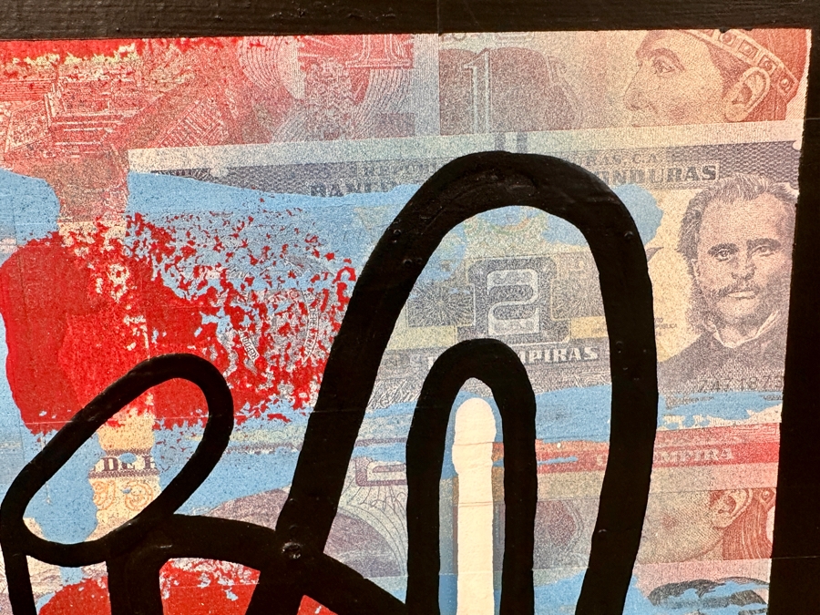 Santos Orellana (B. 1974, American) Original Acrylic and Mixed Media Painting On Wood With Real Currency 'The Art Of Santos' Urban Pop Artwork 30' X 24' With Substantial Hand Painted Wooden Frame Estimate $1,000-$1,400 [Photo 4]