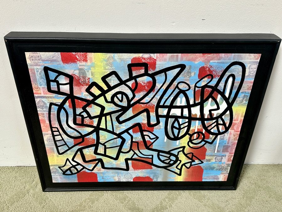 Santos Orellana (B. 1974, American) Original Acrylic and Mixed Media Painting On Wood With Real Currency 'The Art Of Santos' Urban Pop Artwork 30' X 24' With Substantial Hand Painted Wooden Frame Estimate $1,000-$1,400 [Photo 5]