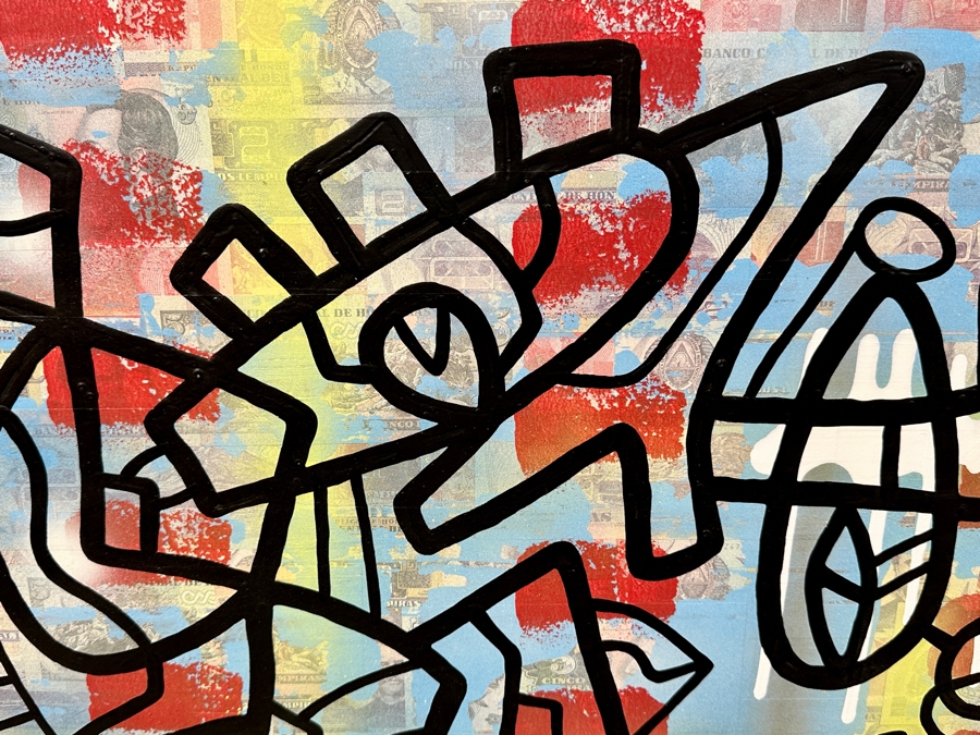 Santos Orellana (B. 1974, American) Original Acrylic and Mixed Media Painting On Wood With Real Currency 'The Art Of Santos' Urban Pop Artwork 30' X 24' With Substantial Hand Painted Wooden Frame Estimate $1,000-$1,400 [Photo 3]