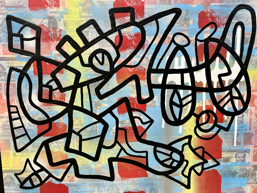 Santos Orellana (B. 1974, American) Original Acrylic and Mixed Media Painting On Wood With Real Currency 'The Art Of Santos' Urban Pop Artwork 30' X 24' With Substantial Hand Painted Wooden Frame Estimate $1,000-$1,400 [Photo 2]