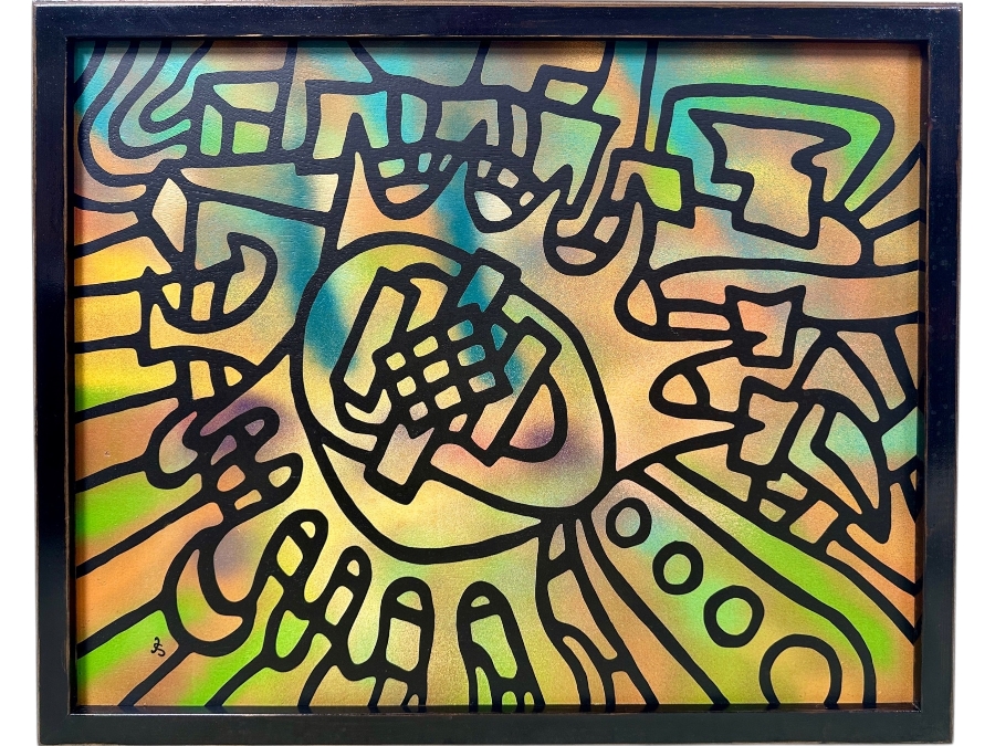 Santos Orellana (B. 1974, American) Original Acrylic Painting On Plywood Signed Bottom Left 'The Art Of Santos' Urban Pop Artwork 32' X 26' With Substantial Hand Painted Wooden Frame Estimate $1,250-$1,600