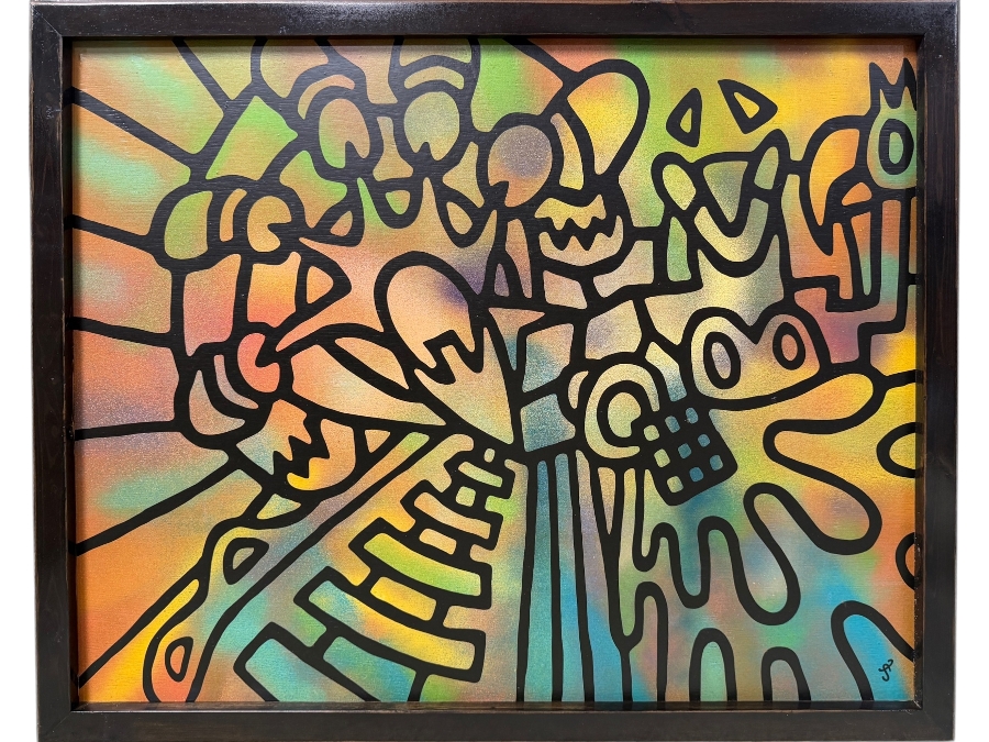 Santos Orellana (B. 1974, American) Original Acrylic Painting On Plywood Signed Bottom Right 'The Art Of Santos' Urban Pop Artwork 32' X 26' With Substantial Hand Painted Wooden Frame Estimate $1,250-$1,600