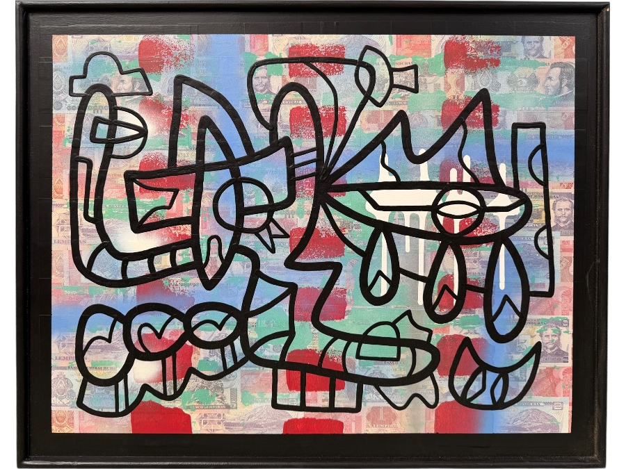 Santos Orellana (B. 1974, American) Original Acrylic and Mixed Media Painting On Wood With Real Currency 'The Art Of Santos' Urban Pop Artwork 32' X 26' With Substantial Hand Painted Wooden Frame Estimate $1,250-$1,600