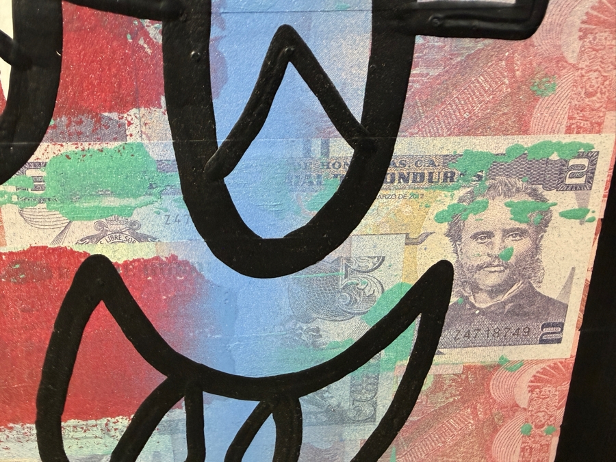 Santos Orellana (B. 1974, American) Original Acrylic and Mixed Media Painting On Wood With Real Currency 'The Art Of Santos' Urban Pop Artwork 32' X 26' With Substantial Hand Painted Wooden Frame Estimate $1,250-$1,600 [Photo 4]