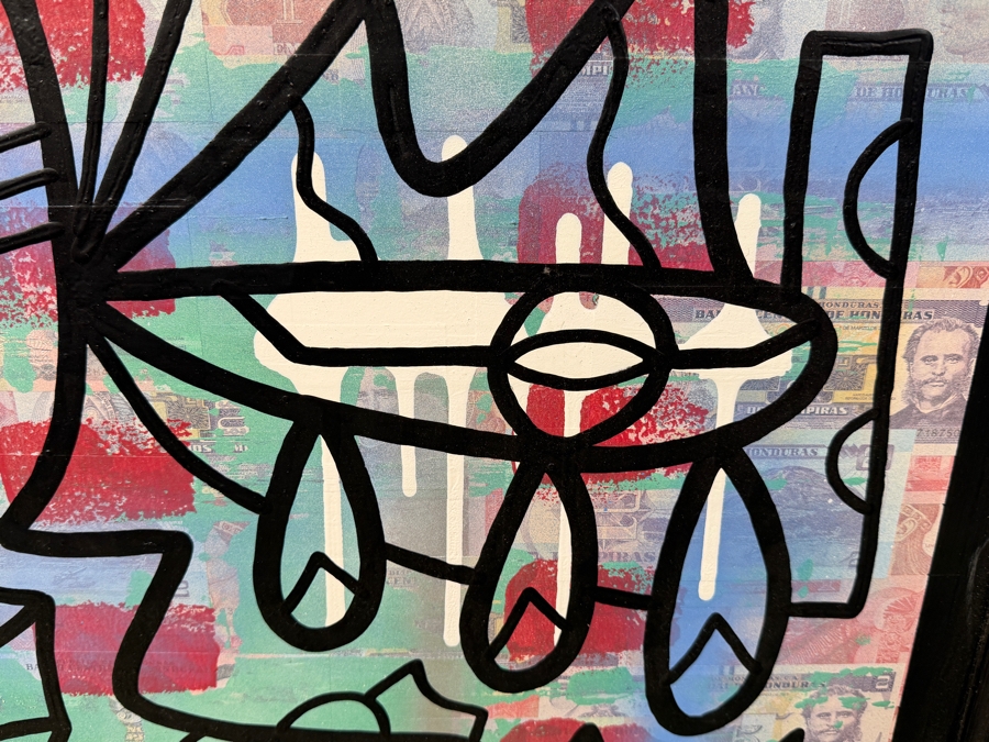 Santos Orellana (B. 1974, American) Original Acrylic and Mixed Media Painting On Wood With Real Currency 'The Art Of Santos' Urban Pop Artwork 32' X 26' With Substantial Hand Painted Wooden Frame Estimate $1,250-$1,600 [Photo 5]