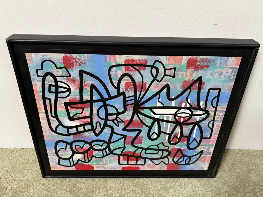 Santos Orellana (B. 1974, American) Original Acrylic and Mixed Media Painting On Wood With Real Currency 'The Art Of Santos' Urban Pop Artwork 32' X 26' With Substantial Hand Painted Wooden Frame Estimate $1,250-$1,600 [Photo 6]
