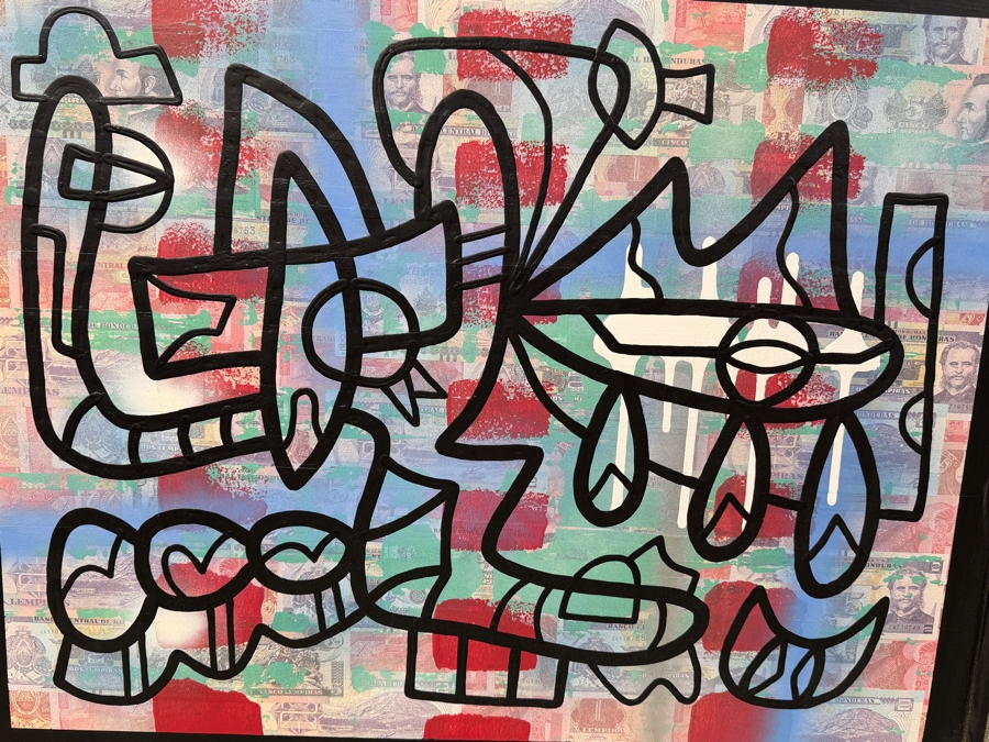 Santos Orellana (B. 1974, American) Original Acrylic and Mixed Media Painting On Wood With Real Currency 'The Art Of Santos' Urban Pop Artwork 32' X 26' With Substantial Hand Painted Wooden Frame Estimate $1,250-$1,600 [Photo 2]