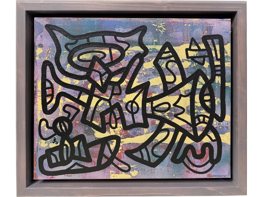 Santos Orellana (B. 1974, American) Original Acrylic Painting On Canvas Signed Bottom Left 'The Art Of Santos' Urban Pop Artwork 28.5' X 24.5' With Substantial Hand Painted Wooden Frame Estimate $1,000-$1,400